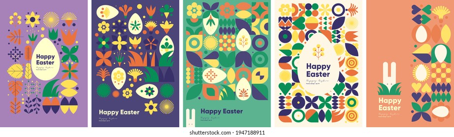 Happy Easter  Patterns  Modern geometric abstract style  A set vector Easter illustrations  Easter eggs  rabbit  Perfect for poster  cover  postcard 