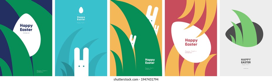 Happy Easter. Patterns. Modern geometric abstract style. A set of vector Easter illustrations. Easter eggs, rabbit. Perfect for a poster, cover, or postcard.