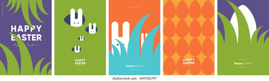 Happy Easter. Patterns. Modern geometric abstract style. A set of vector Easter illustrations. Easter eggs, rabbit. Perfect for a poster, cover, or postcard.