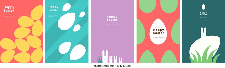 Happy Easter. Patterns. Modern geometric abstract style. A set of vector Easter illustrations. Easter eggs, rabbit. Perfect for a poster, cover, or postcard.