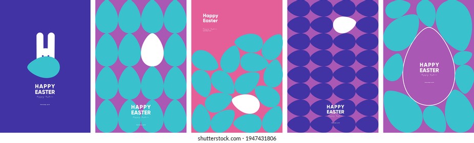 Happy Easter. Patterns. Modern geometric abstract style. A set of vector Easter illustrations. Easter eggs, rabbit. Perfect for a poster, cover, or postcard.