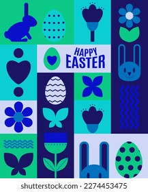 Happy Easter. Patterns. Modern geometric abstract style. Easter eggs, rabbit., flowers. Perfect for a poster, cover or postcard Vector illustrations