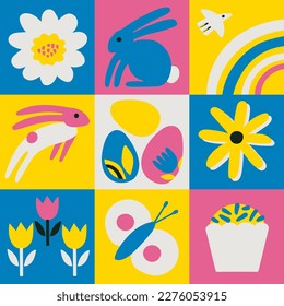 Happy Easter. Patterns. Modern geometric abstract style. A set of vector Easter illustrations. Easter eggs, rabbit. Good for social media post, poster.  vector illustration graphics concept. 