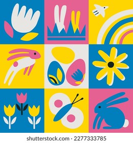 Happy Easter. Patterns. Modern geometric abstract style. A set of vector Easter illustrations. Easter eggs, rabbit. Good for social media post, poster.  vector illustration graphics concept. 