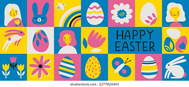 Happy Easter. Patterns. Modern geometric abstract style. A set of vector Easter illustrations. Easter eggs, rabbit. Good for social media post, poster.  vector illustration graphics concept. 