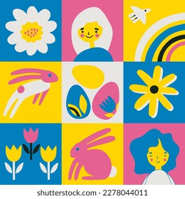 Happy Easter. Patterns. Modern geometric abstract style. A set of vector Easter illustrations. Easter eggs, rabbit. Good for social media post, poster.  vector illustration graphics concept. 