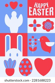 Happy Easter. Patterns. Modern geometric abstract style. Easter eggs, rabbit., flowers, bird, angel. Perfect for a poster cover or postcard Vector illustrations