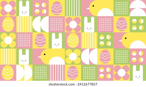 Happy Easter. Patterns. Modern geometric abstract style. Vector Easter illustrations. Easter eggs, rabbit. Perfect for a poster, cover, or postcard.