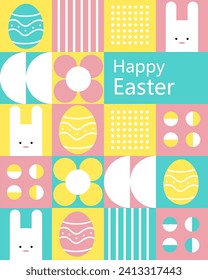 Happy Easter. Patterns. Modern geometric abstract style. Vector Easter illustrations. Easter eggs, rabbit. Perfect for a poster, cover, or postcard.