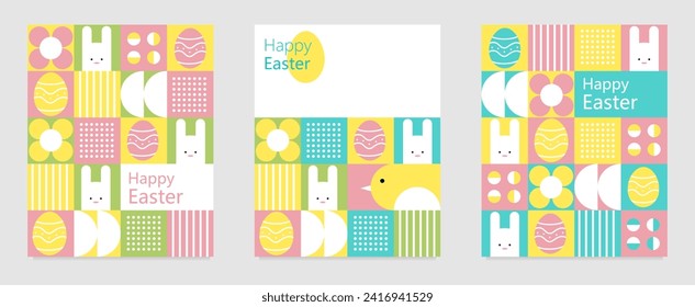 Happy Easter. Patterns. Modern geometric abstract style. Vector Easter illustrations. Easter eggs, rabbit. Perfect for a poster, cover, or postcard.