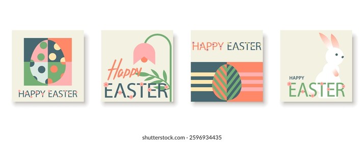 Happy Easter. Patterns. Modern geometric abstract style. A set of vector Easter illustrations. Easter eggs, rabbit. Perfect for a poster, cover, or postcard.