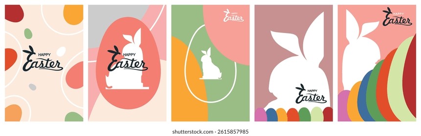 Happy Easter. Patterns. Modern geometric abstract style. A set of vector Easter illustrations. Easter eggs, rabbit. Perfect for a poster, cover, or postcard.