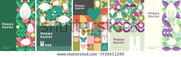 Happy Easter. Patterns. Modern\
geometric abstract style. A set of vector Easter illustrations.\
Easter eggs, rabbit. Perfect for a poster, cover, or\
postcard.