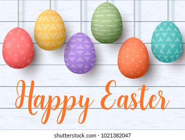 Happy Easter. pending easter eggs on white wooden background. Easter colorful hanging eggs with different simple ornaments. vector illustration. Postcard template, decoration, label, tag, poster,
