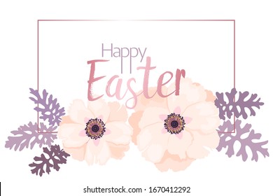 Happy Easter peony floral card vintage design. Pink peony flowers and leaves botanical spring greeting card. Pale blossom, pink flowers blooming vintage holiday banner with Happy Easter frame.