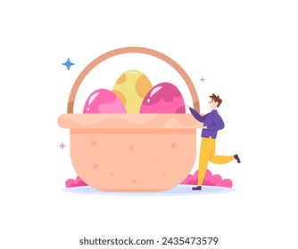 Happy Easter. People celebrate Easter day. A man who looks happy with a basket filled with Easter eggs. feast, festival, or tradition. flat style illustration concept design. graphic elements. Vector