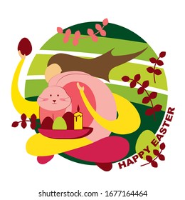 Happy Easter. A person hugs a rabbit. icon with the image of a person in a circle