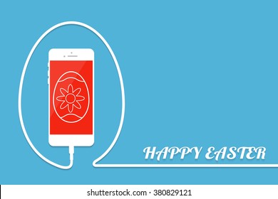 Happy Easter with phone, wire and egg. Celebration background. Surprise banner, card, template for your design. Smartphone earphone. Holiday menu