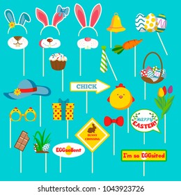 Happy Easter  photo booth props set with bunny ears  and muzzle,  hat, festive gift, cake, chick, arrow,  bunny crossing sign, tulips, vector. Party, eggs hunt 