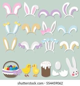 Happy Easter photo booth props with set of bunny ears, basket with eggs, chickens, Easter cake and bunny