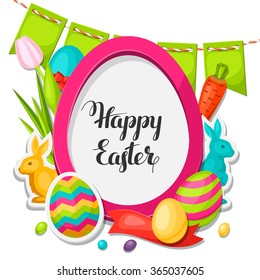 Happy Easter photo frame with decorative objects, eggs, bunnies stickers. Concept can be used for holiday invitations and posters.