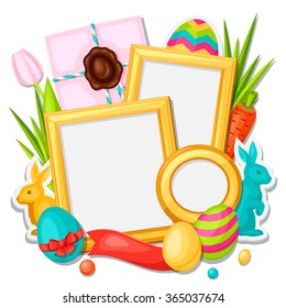 Happy Easter photo frame with decorative objects, eggs, bunnies stickers. Concept can be used for holiday invitations and posters.