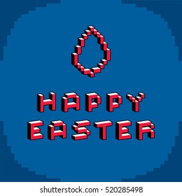Happy Easter phrase created in digital technology style, vector 8 bit. Celebration theme pixel art inscription.