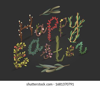 Happy Easter phrase on a dark background. Gentle branch letters for ad and invitation card. Vector illustration. Spring concept