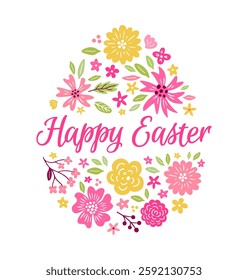 Happy Easter phrase on the floral egg background. Greeting card design with flower and leaf pattern. EPS 10 vector illustration.