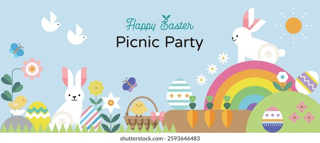 Happy Easter picnic party background , Easter card, banner design with bunny, eggs, plants, flowers, chicks, basket.	Simple geometric design style.