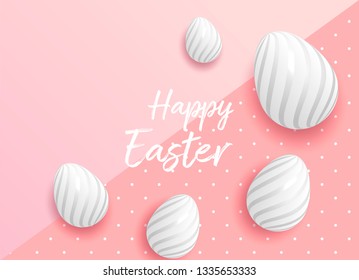 Happy Easter pink background with colorful egg, confetti and ribbon. Egg hunt for children template layout. Vector illustration. Easter. Sale template.