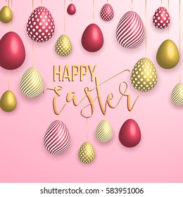 Happy Easter pink background with colorful, dotted, striped gold eggs, Egg hunt for children template layout. Vector illustration. Design layout for invitation, card, menu,  banner, poster, voucher