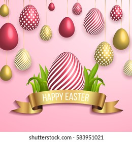 Happy Easter pink background with colorful, dotted, striped gold eggs, Egg hunt for children template layout. Vector illustration. Design layout for invitation, card, menu, banner, poster, voucher.