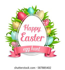 Happy Easter pink background with colorful, dotted, striped gold eggs frame and spring grass. Egg hunt for children template layout. Vector illustration. Easter wreath on white background. sale, offer