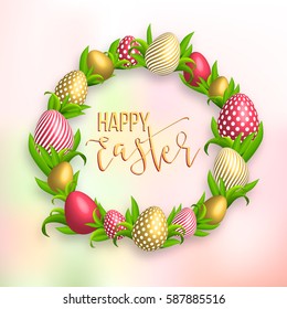 Happy Easter pink background with colorful, dotted, striped gold eggs frame and spring grass. Egg hunt for children template layout. Vector illustration. Easter wreath on blur background. Sale, offer.