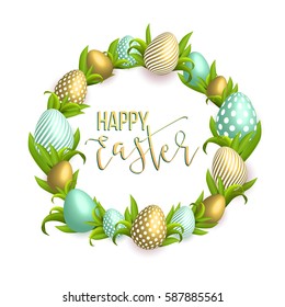 Happy Easter pink background with colorful, dotted, striped gold eggs frame and spring grass. Egg hunt for children template layout. Vector illustration. Easter wreath. Sale, offer.