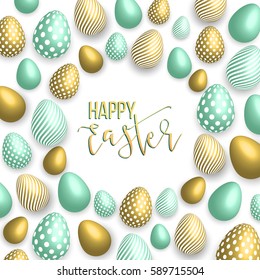 Happy Easter pink background with colorful, dotted, striped gold eggs frame and spring grass. Egg hunt for children template layout. Vector illustration. Easter wreath.