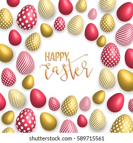 Happy Easter pink background with colorful, dotted, striped gold eggs frame and spring grass. Egg hunt for children template layout. Vector illustration. Easter wreath.
