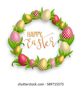 Happy Easter pink background with colorful, dotted, striped gold eggs frame and spring grass. Egg hunt for children template layout. Vector illustration. Easter wreath.