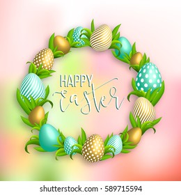 Happy Easter pink background with colorful, dotted, striped gold eggs frame and spring grass. Egg hunt for children template layout. Vector illustration. Easter wreath.