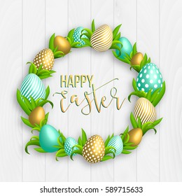 Happy Easter pink background with colorful, dotted, striped gold eggs frame and spring grass. Egg hunt for children template layout. Vector illustration. Easter wreath.