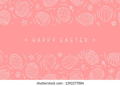 Happy easter pink background with ornamental eggs - hand drawn design. Vector holiday card, postcard, banner, poster, brochure, cover, template