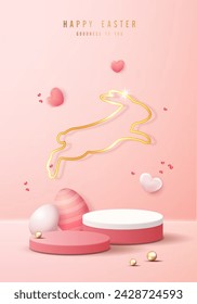 Feliz Pascua de fondo rosa y exhibición de podio de arte de papel para presentación de productos de marca y presentación de embalaje. escenario de estudio con huevos y fondo de conejo. diseño vectorial.