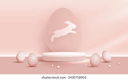 Feliz Pascua de fondo rosa y exhibición de podio de arte de papel para presentación de productos de marca y presentación de embalaje. escenario de estudio con huevos y fondo de conejo. diseño vectorial.