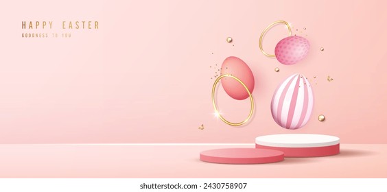 Happy Easter pink background and podium display for product presentation branding and packaging presentation. studio stage with eggs and rabbit background. vector design.