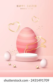 Happy Easter pink background and podium display for product presentation branding and packaging presentation. studio stage with eggs and rabbit background. vector design.