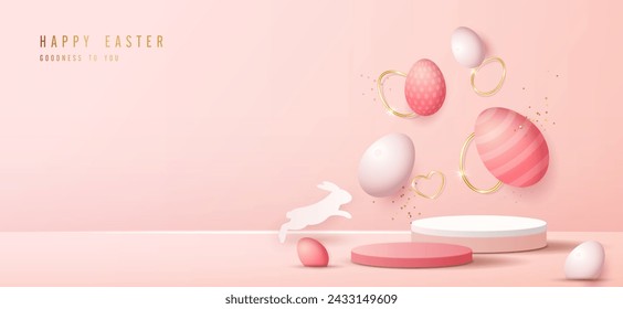 Happy Easter pink background and podium display for product presentation branding and packaging presentation. studio stage with eggs and rabbit background. vector design.