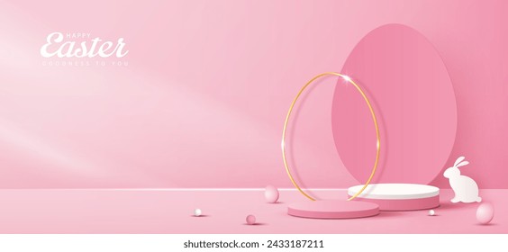 Fondo rosa de Pascua feliz y exhibición del podio para la presentación del producto, la marca y la presentación del embalaje. escenario del estudio con los huevos y el fondo del conejo.