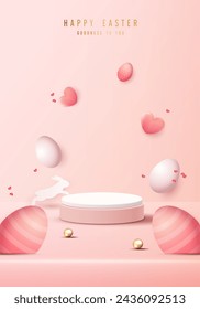 Happy Easter pink background and podium display for product presentation branding and packaging presentation. studio stage with eggs and rabbit background. vector design.