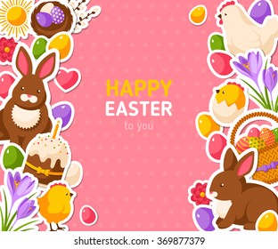 Happy Easter Pink Banner With Flat Sticker Icons. Vector Illustration. 